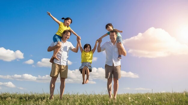 Asian family vacation holidayhappy family parents holding children flying in the sky