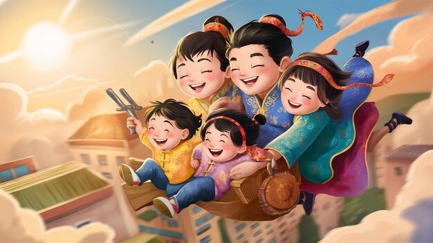 Photo asian family vacation holidayhappy family parents holding children flying in the sky