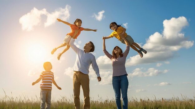 Asian family vacation holidayhappy family parents holding children flying in the sky