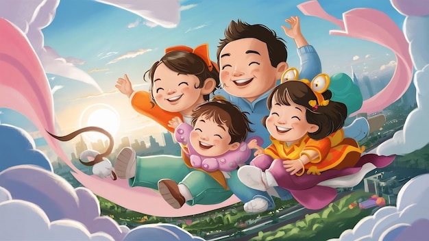아시아 가족 휴가 휴가 행복한 가족 부모가 하늘을 날아다니는 아이들을 안고