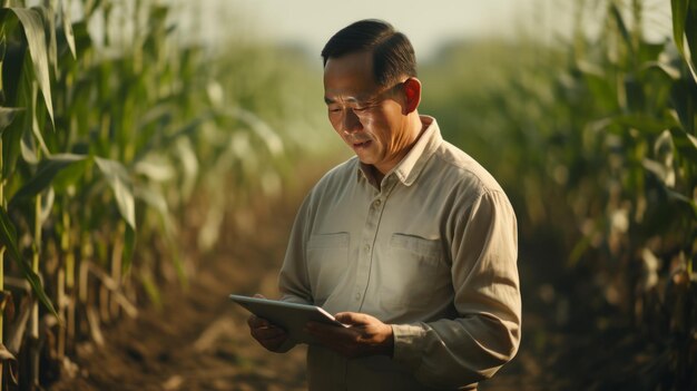 수확을 검토하기 위해 디지털 태블릿을 사용하여 자라는 옥수수 밭의 아시아 농부