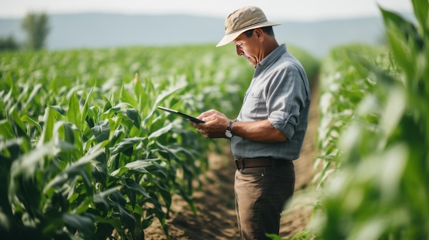 Asian farmer in a corn field growing up using a digital tablet to review harvest