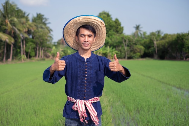 Asian farmer man wear traditional costume standing and thumb up at green rice farm