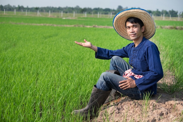 아시아 농부 남자는 전통 의상을 입고 녹색 쌀 농장에 앉아 미소를 짓습니다.