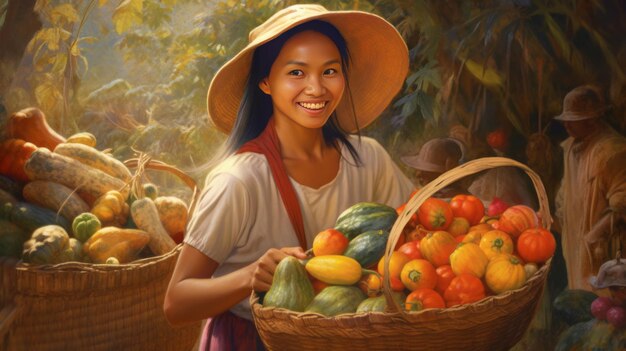 Asian farmer with rich harvest