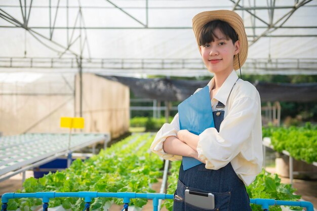 サラダ農場で働くアジアの農家の女性女性アジア生鮮市場での卸売業のための野菜の栽培