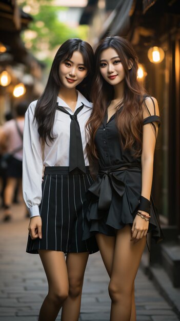 Asian fashion model portrait posing on street sisters and twins