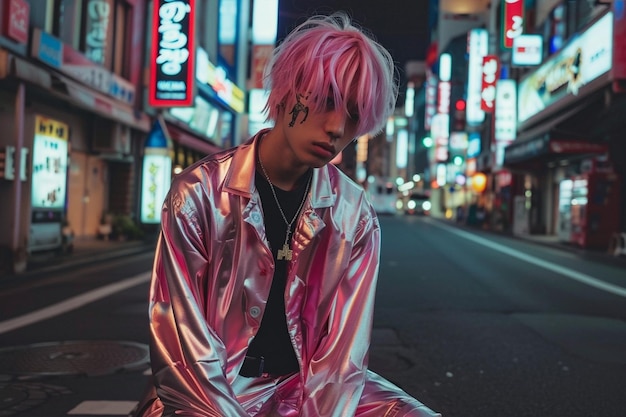 Asian fashion model in silver outfit on the street