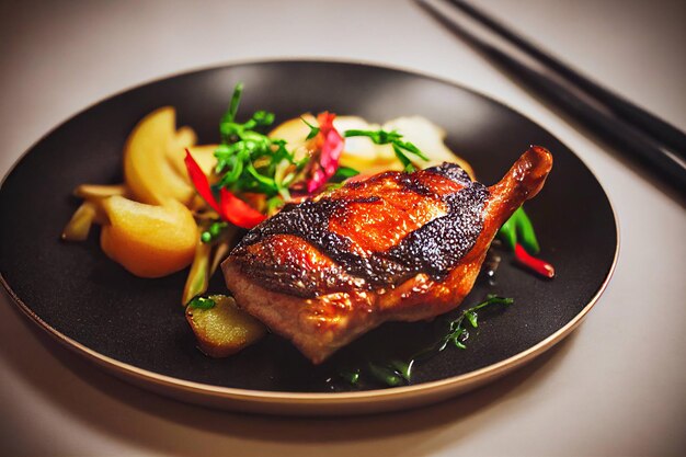 Asian fast food delicious fried duck with rosy crust on plate with vegetables and herbs