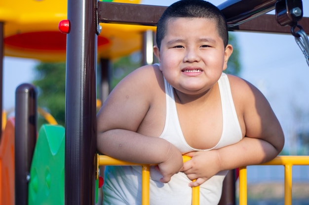 アジアの太った少年たちが遊び場で遊んでいる