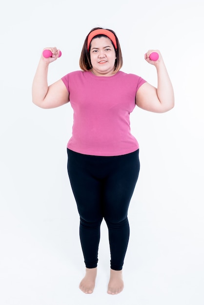 Asian fat woman exercising with basic postures