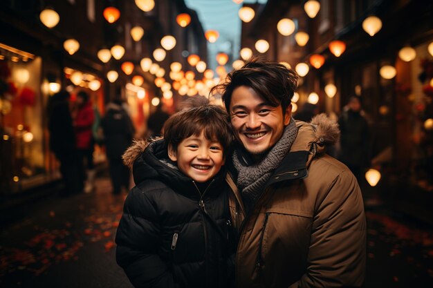 Asian father and son smiling and enjoying the Chinese new year in a full of red lanterns street