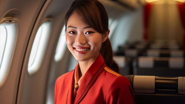 Asian female airplane stewardess interior of passenger plane