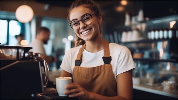 asian female barista smiling and holding cup of coffee in coffee shop