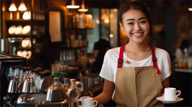 asian female barista smiling and holding cup of coffee in coffee shop