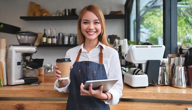 Азиатская барменка носит фартук и держит в руках планшетный компьютер с меню кофе в барной стойке.