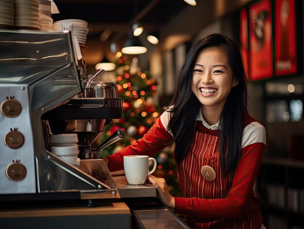 Asian female barista working in the coffee shop in christmas
