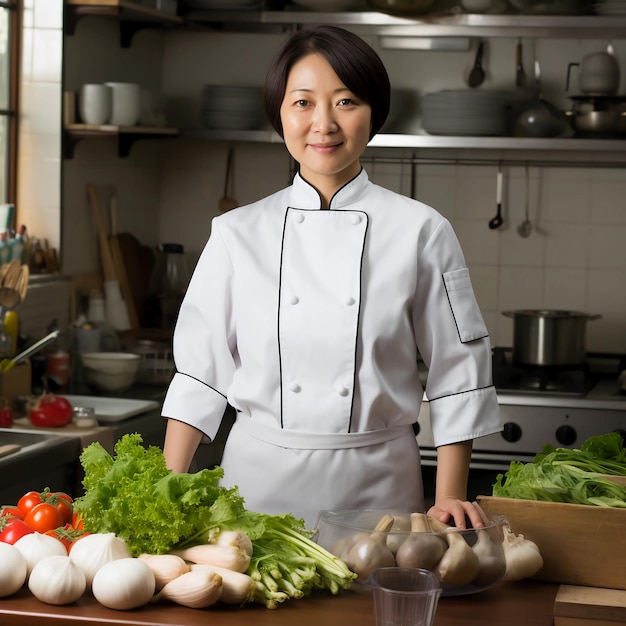 Фотография куртки азиатской женщины-повара для макета