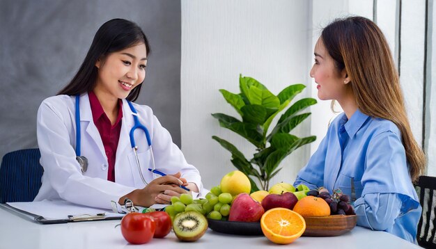 Photo asian female doctor or nutritionist consulting the patient about the diet there were various fruits