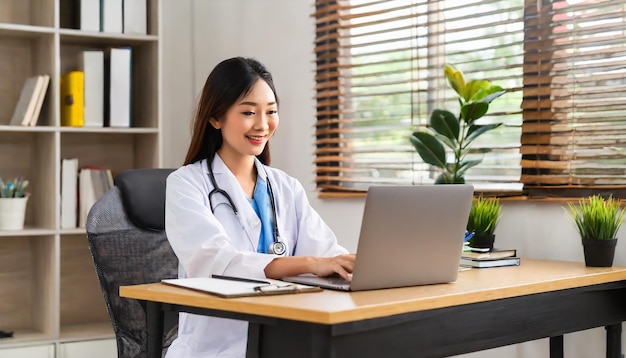 Азиатская врач, сидящая в кабинете, использует ноутбук, онлайн-видеозвонки, беседы с пациентами.