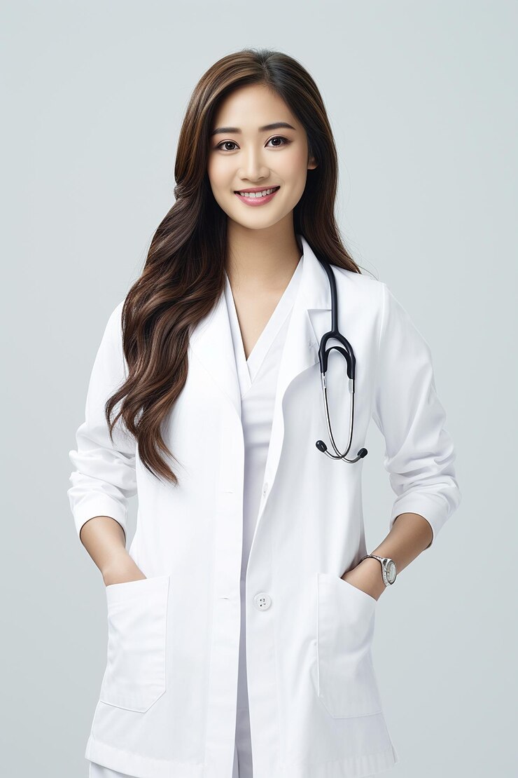Photo 색 배경의 아시아 여성 의사
