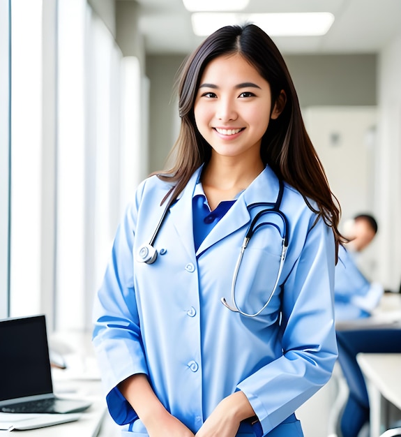 Азиатская женщина-врач со стетоскопом стоит в офисе больницы
