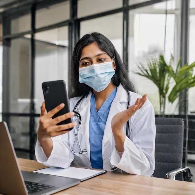 Азиатская врач, работающая в офисе, носит маску, держит смартфон и делает онлайн видеозвонки.
