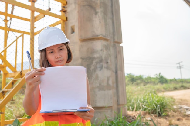 An asian female engineer works at a motorway bridge\
construction sitecivil worker inspecting work on crossing\
construction