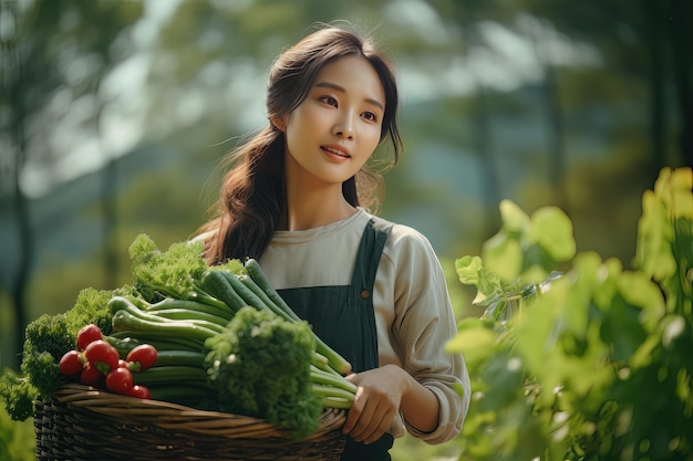 Asian Female Farmer with Basket of Fresh Vegetables Presenting Organic Vegetables Healthy Food