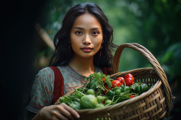 Asian Female Farmer with Basket of Fresh Vegetables Presenting Organic Vegetables Healthy Food