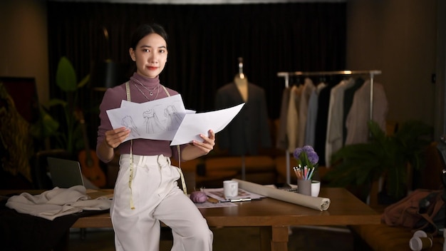 An Asian female fashion designer or tailor leaning on a table with her model sketches