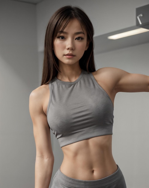 Photo asian female gym fitness model in grey theme outfit