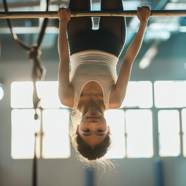 Фото Азиатская гимнастка висит вверх ногами на неровных решетках в ярком тренажерном зале.