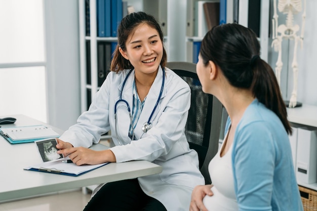 asian female gynecologist is smiling while showing and explaining an ultrasound picture to her expectant patient at the office desk in the clinic.