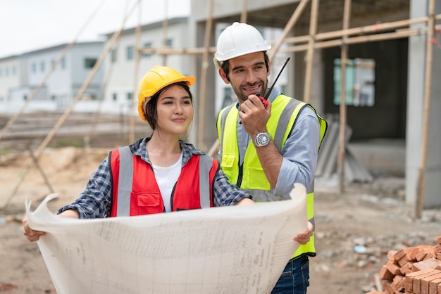 Азиатская женщина с чертежами и мужчина-инженер с рацией, работающий на строительной площадке