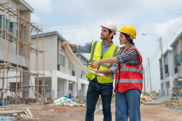 Asian female and male engineers discuss and look at blueprints in housing estate construction site