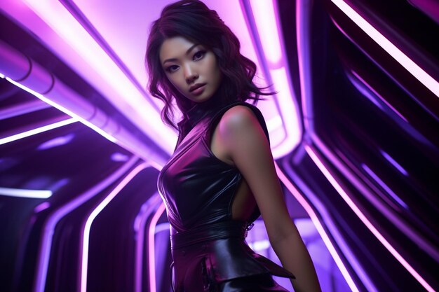 Asian female model head turn looking on the left eyes focus off the camera on the left futuristic