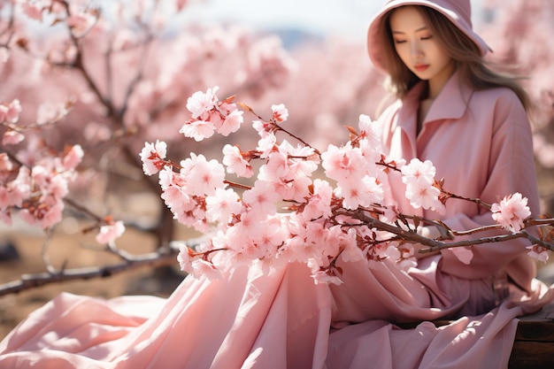 桜の季節に公園でポーズを取るアジアの女性モデル AI 生成