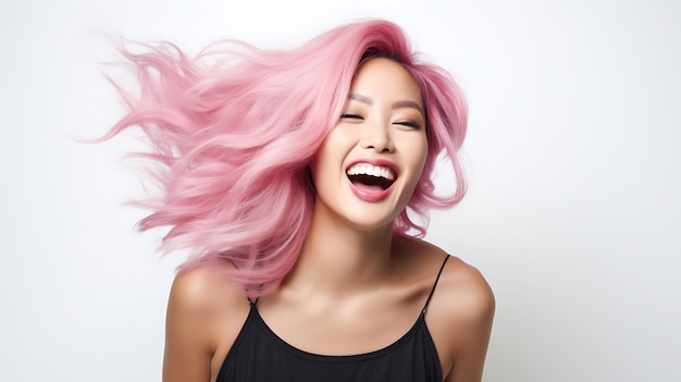 생성 인공 지능 기술로 만든 분홍색 머리와 웃는 표정을 가진 아시아 여성 모델