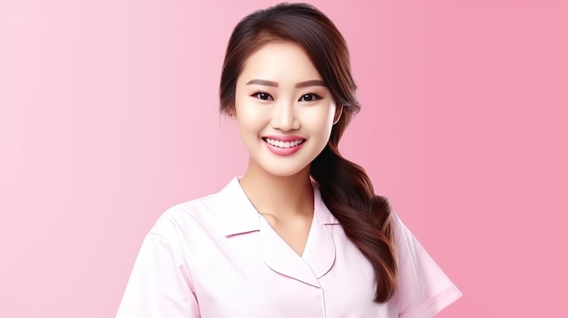 Asian female nurse in white scrubs smiling and happy posing in a modern studio with a pink background