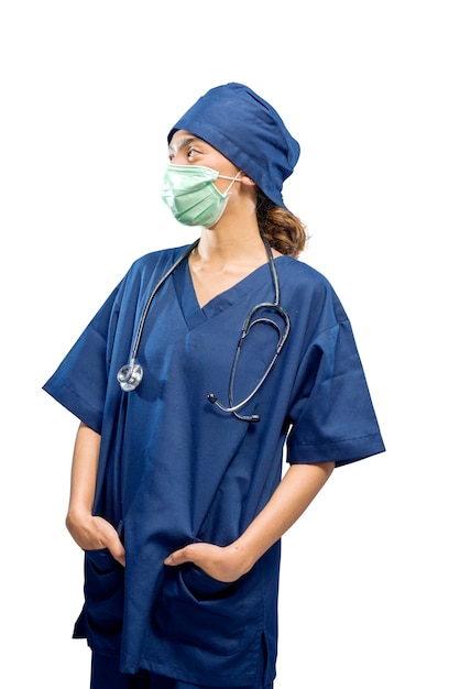 Asian female nurse with face mask and stethoscope isolated over white background