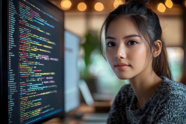 코드 코딩 소프트웨어 또는 코딩 기술 개념을 가진 컴퓨터 화면 앞에 있는 아시아 여성 프로그래머