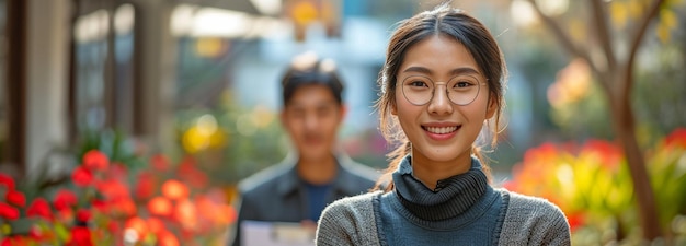 Foto agente immobiliare asiatico con clipboard che conversa con un uomo in uno sfondo residenziale