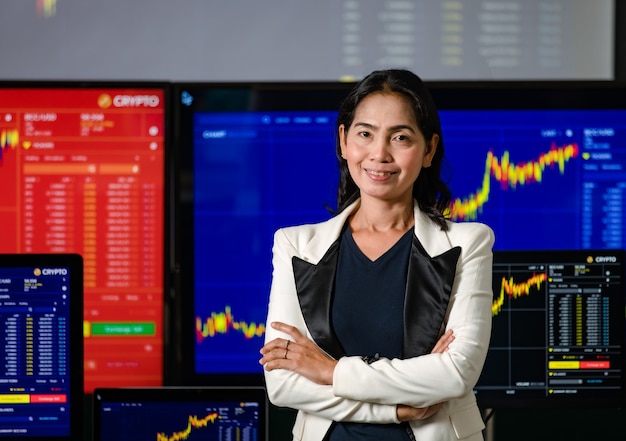 Femmina asiatica di successo professionale broker trader investitore stand sorriso braccio incrociato guarda la telecamera davanti ai monitor dei computer con analisi del grafico del grafico azionario di criptovaluta bitcoin.