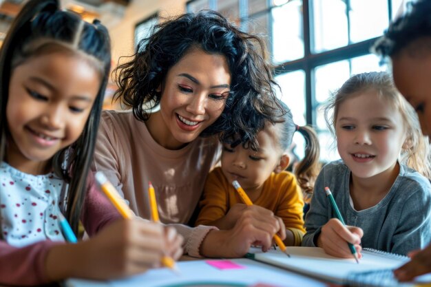 Азиатская учительница и маленькие дети в классе пишут или рисуют на бумаге