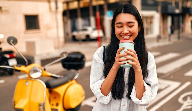 Asian female tourist student on city streets