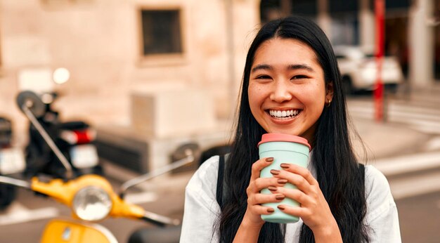 Asian female tourist student on city streets