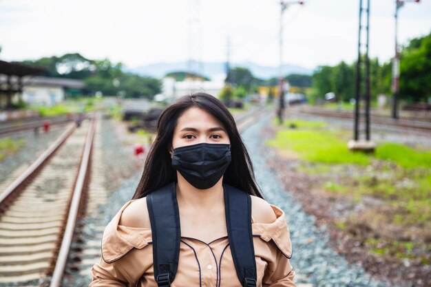 Asian female tourists wearing masks Prevent COVID-19