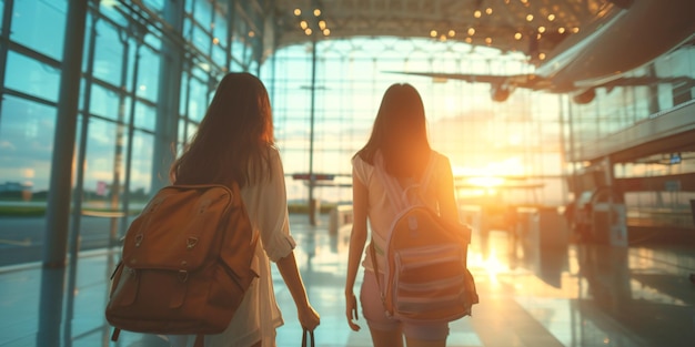 Asian female travelers stroll in airport terminal towards boarding gate with joyful and thrilled expressions eager to embark on an overseas journey by air for a vacation