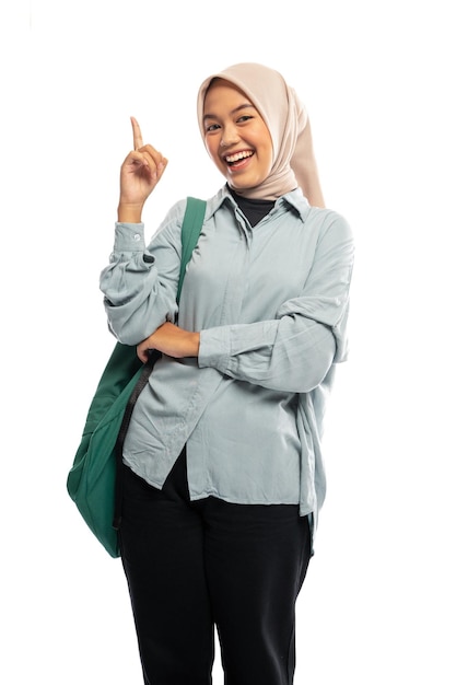 Asian female university student in veil stand with a get idea expression with backpack in isolated b